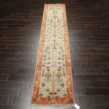 Runner Gray, Mint, Beige Color Hand Knotted Oushak Wool Traditional Oriental Rug