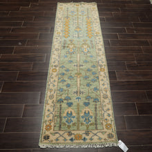 Runner Mint, Ivory, Gold Color Hand Knotted Oushak Wool Traditional Oriental Rug
