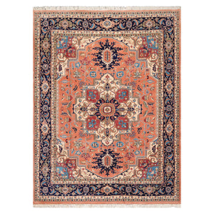 8X10 Peach Hand Knotted Traditional Heriz Medallion Wool Oriental Area Rug