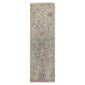 LoomBloom 2'6''x8' Beige Hand Knotted Distressed Quality Traditional Distressed Wool Oriental Area Rug