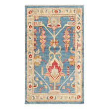 LoomBloom 3'x5' Blue Hand Knotted Turkish Oushak Traditional All-Over Wool Oriental Area Rug