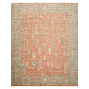 8x10 Orange, Sage, Gold Color Hand Knotted Distressed Wool Traditional Oriental Rug