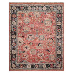 8x10 Coral, Charcoal, Beige Color Hand Knotted Distressed Wool Traditional Oriental Rug