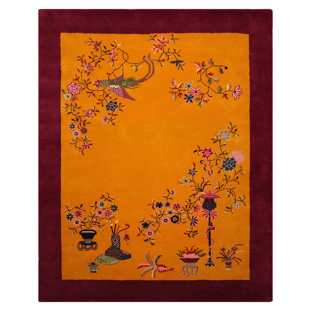 Multi Size Gold Hand Tufted Chinese Art Deco Floral Oriental Area Rug ...