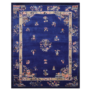 8x10 Royal Blue Beige Tan Color Hand Tufted Pictorial New Zealand Wool  Oriental Rug