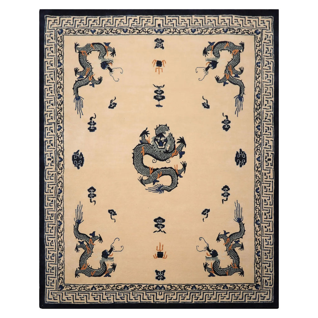 Multi Size Ivory Hand Tufted Chinese Art Deco Dragon Oriental Area Rug ...