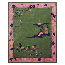 8x10 Green Bubblegum Pink Navy Color Hand Tufted Pictorial New Zealand Wool Transitional Oriental Rug