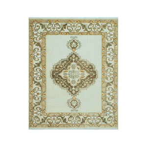 LoomBloom 8x10 Beige Hand Knotted Medallion Oushak Wool Oriental Area Rug