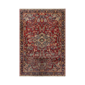 LoomBloom 4'5''x6'9" Red Hand Knotted Traditional Heriz Wool Oriental Area Rug