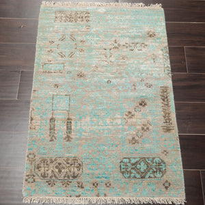 2'x3' Turquoise Hand Knotted Tibetan Modern Abstract  Wool and Bamboo Silk Oriental Area Rug