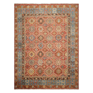 9x12 Burnt Orange Aqua Brown Color Hand Knotted Geometric Wool Transitional Oriental Rug