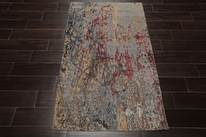 3x5 Gray, Blue, Coral Color Hand Knotted Tibetan Wool and Silk Modern & Contemporary Oriental Rug