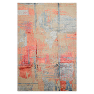 6x9 Beige, Coral, Blue Color Hand Knotted Sherpa Wool and Silk Modern Oriental Rug