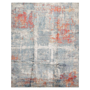 8x10 Ivory, Slate, Burnt Orange Color Hand Knotted Sherpa Wool and Silk Modern Oriental Rug