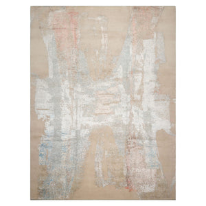 9x12 Ivory, Sea Foam, Taupe Color Hand Knotted Sherpa Wool and Silk Contemporary Oriental Rug