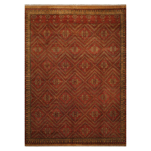 10x14 Rust, Gold, Moss Color Hand Knotted Geometric Wool Traditional Oriental Rug