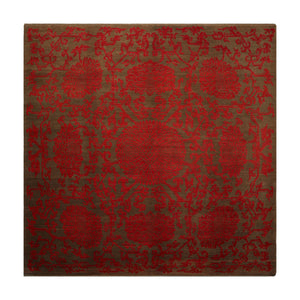 Square Brown, Coral, Color Hand Knotted Floral Wool Transitional Oriental Rug