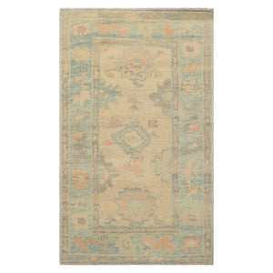 3x5 Beige, Aqua, Peach Color Hand Knotted Turkish Wool Arts & Crafts/Mission Oriental Rug