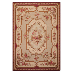 7x10 Ivory, Beige, Burgundy Color Hand Woven French Aubusson Needlepoint  Wool Traditional Oriental Rug