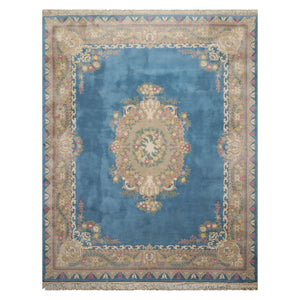 8x10 Baby Blue, Beige, Rose Color Hand Knotted French Aubusson Savonnerie Wool Traditional Oriental Rug