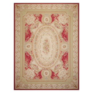 9x12 Crimson, Ivory, Mint Color Hand Woven French Aubusson Flatweave Wool Traditional Oriental Rug