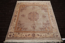 Square Taupe, Ivory, Tan Color Hand Knotted French Aubusson Savonnerie Wool Traditional Oriental Rug