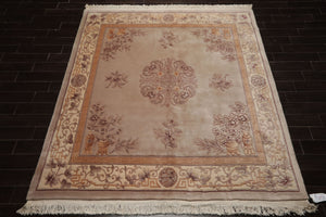 Square Taupe, Ivory, Tan Color Hand Knotted French Aubusson Savonnerie Wool Traditional Oriental Rug