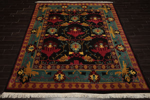 8x10 Charcoal, Turquoise, Rose Color Hand Knotted Tibetan Wool Arts & Crafts Oriental Rug