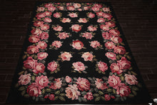 9x12 Black, Pink, Green Color Hand Woven French Aubusson Needlepoint  Wool Traditional Oriental Rug