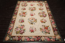 9x12 Ivory, Chocolate, Green Color Hand Woven French Aubusson Needlepoint  Wool Traditional Oriental Rug