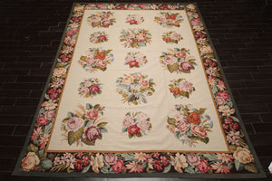 9x12 Ivory, Chocolate, Green Color Hand Woven French Aubusson Needlepoint  Wool Traditional Oriental Rug