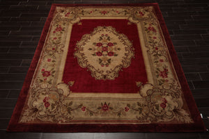 8x10 Crimson, Green, Tan Color Hand Knotted French Aubusson Savonnerie Wool Traditional Oriental Rug