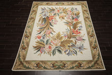 8x10 Ivory, Green, Gold Color Hand Woven French Aubusson Needlepoint  Wool Traditional Oriental Rug