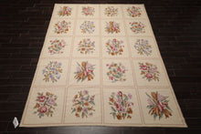 8x10 Ivory, Tan, Green Color Hand Woven French Aubusson Needlepoint  Wool Traditional Oriental Rug