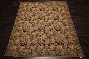 8x10 Black, Brown, Green Color Hand Woven French Aubusson Needlepoint  Wool Traditional Oriental Rug