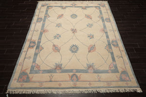 8x10 Ivory, Blue, Rose Color Hand Knotted Tibetan Wool Arts & Crafts  Oriental Rug
