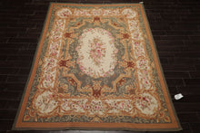8x10 Ivory, Green, Gold Color Hand Woven Aubusson Needlepoint  Wool Traditional Oriental Rug