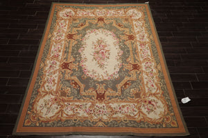 8x10 Ivory, Green, Gold Color Hand Woven Aubusson Needlepoint  Wool Traditional Oriental Rug