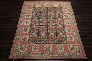 8x10 Black, Rose, Ivory Color Hand Woven Aubusson Needlepoint  Wool Traditional Oriental Rug