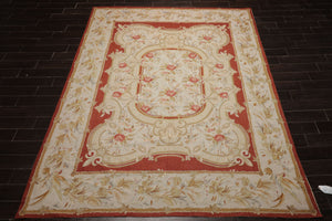 8x10 Ivory, Gold, Orange Color Hand Woven Aubusson Needlepoint  Wool & Silk Traditional Oriental Rug