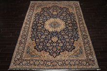 9x13 Navy, Ivory, Beige Color Hand Knotted Kashan Wool Traditional Oriental Rug