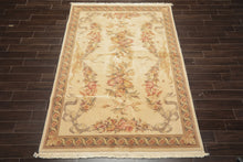 6x9 Ivory, Brown, Taupe Color Hand Knotted French Aubusson Savonnerie Wool & Silk Traditional Oriental Rug