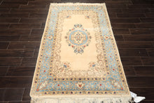 4x6 Ivory, Aqua, Tan Color Hand Knotted Indo Kerman Wool Traditional Oriental Rug