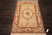 4x6 Beige, Brown, Rose Color Hand Knotted French Aubusson Savonnerie Wool Traditional Oriental Rug