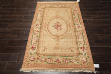 4x6 Beige, Tan, Brown Color Hand Knotted French Aubusson Savonnerie Wool Traditional Oriental Rug