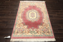 4x6 Plum, Ivory, Celadon Color Hand Knotted Indo Kerman New Zealand Wool Traditional Oriental Rug