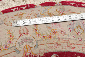 Round Red, Ivory, Blue Color Hand Knotted Tabriz Round Wool & Silk Traditional Oriental Rug