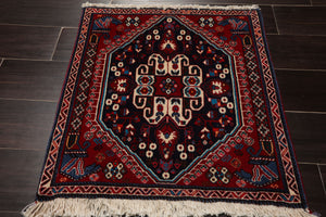 Square Navy, Red, Ivory Color Hand Knotted Abadeh Wool Traditional Oriental Rug