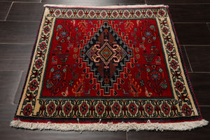 Square Red, Ivory, Navy Color Hand Knotted Abadeh Wool Traditional Oriental Rug
