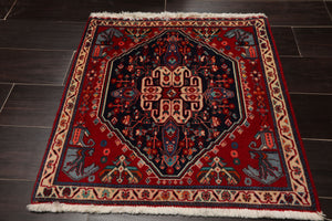 Square Navy, Red, Ivory Color Hand Knotted Abadeh Wool Traditional Oriental Rug